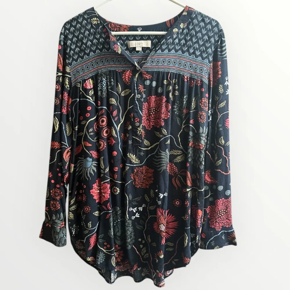 LOFT Navy Blue Floral Long Sleeve Tunic - Picture 2 of 5